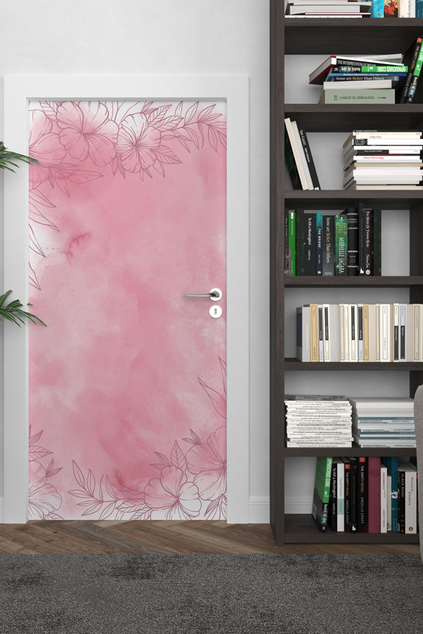 door-decoration-9381-02 Pembe Suluboya Çiçek Çerçeveli Zarif Kapı Giydirme Tasarımı 9381
