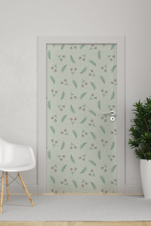 Minimal Çiçek ve Yaprak Desenli Pastel Botanik Kapı Giydirme Tasarımı 9384