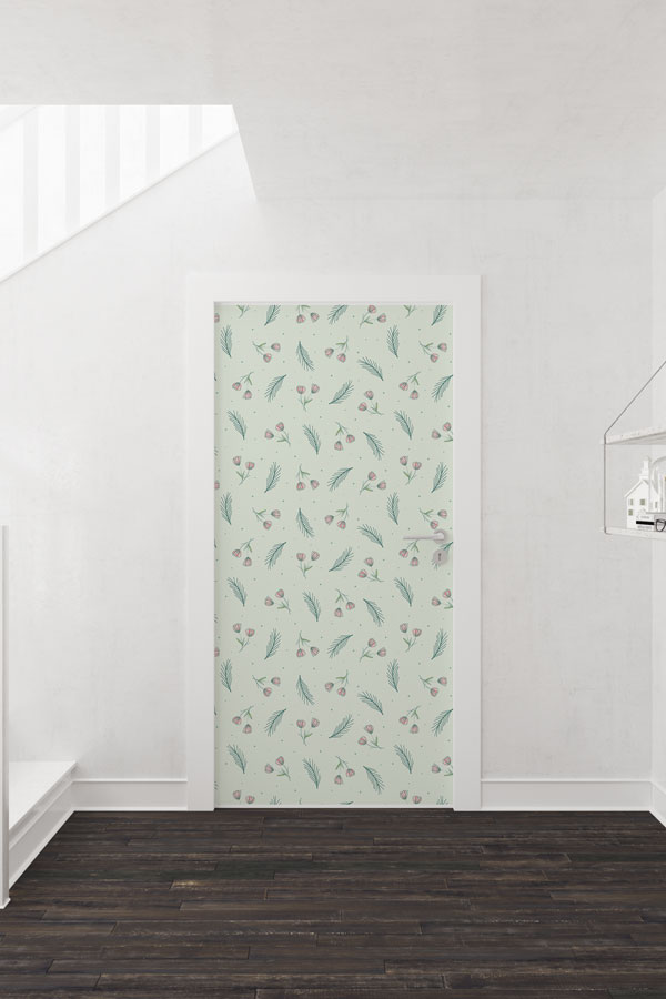 Minimal Çiçek ve Yaprak Desenli Pastel Botanik Kapı Giydirme Tasarımı 9384