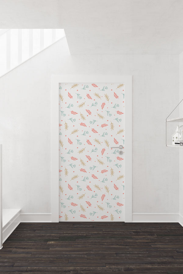 Pastel Yaprak ve Dal Motifli Minimal Botanik Kapı Giydirme Tasarımı 9385