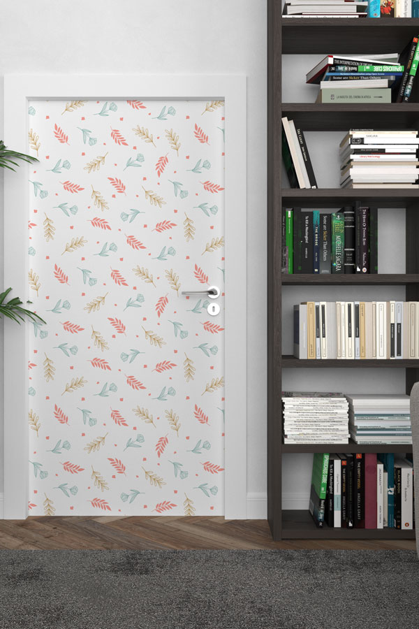 Pastel Yaprak ve Dal Motifli Minimal Botanik Kapı Giydirme Tasarımı 9385