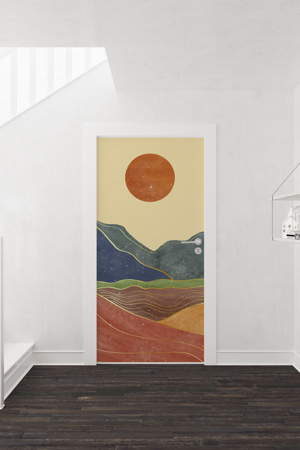 Minimal Dağ ve Güneş Manzaralı Modern Kapı Giydirme Tasarımı 9444