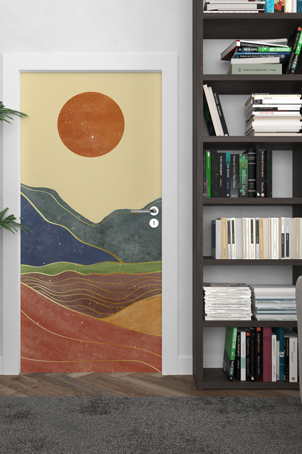 Minimal Dağ ve Güneş Manzaralı Modern Kapı Giydirme Tasarımı 9444