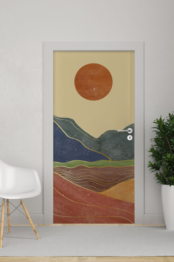 Minimal Dağ ve Güneş Manzaralı Modern Kapı Giydirme Tasarımı 9444