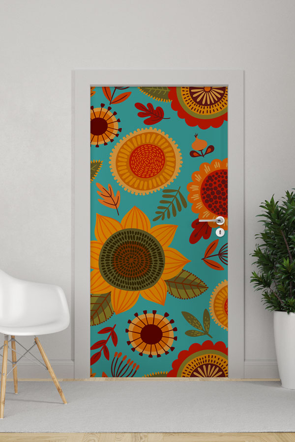 Renkli Çiçek Desenli Modern Kapı Giydirme Tasarımı 9464