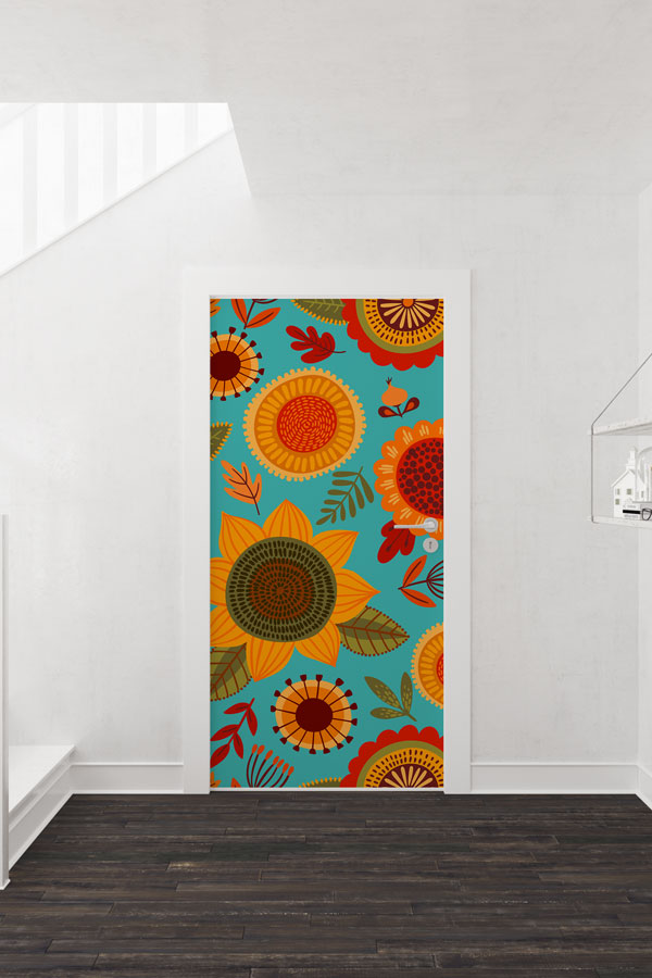 Renkli Çiçek Desenli Modern Kapı Giydirme Tasarımı 9464