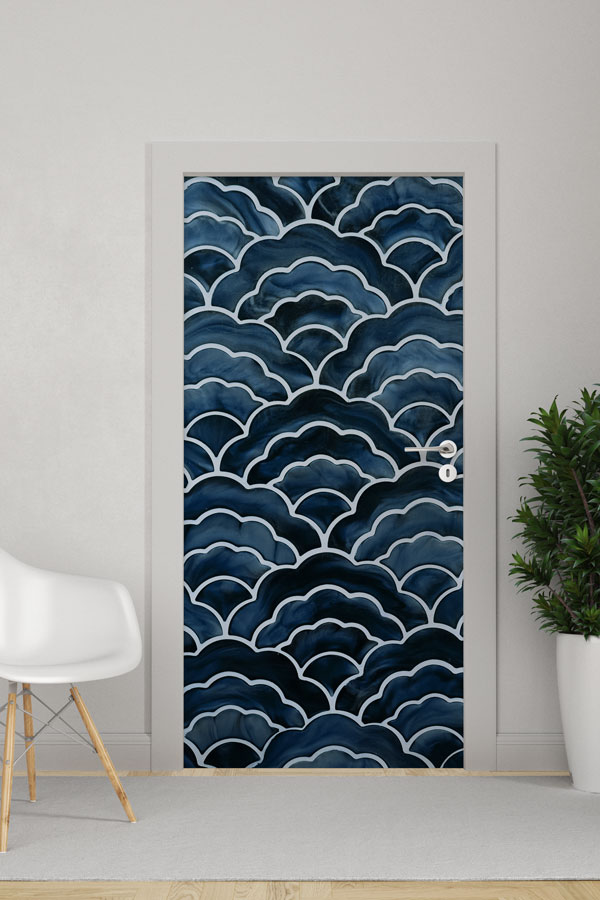 Stilize Dalga Desenli Lacivert Kapı Giydirme 9494