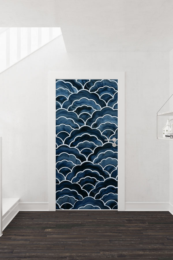 Stilize Dalga Desenli Lacivert Kapı Giydirme 9494