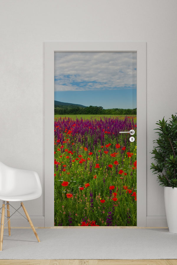 Gelincik ve Mor Çiçek Tarlası Kapı Giydirme Tasarımı 9462