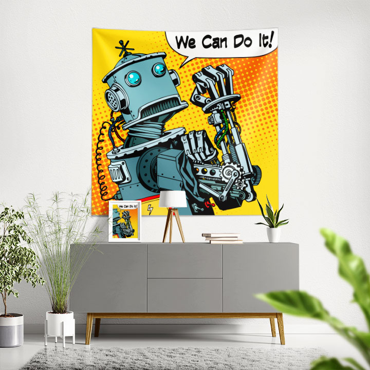 Retro Robot “We Can Do It!” Tasarımlı Duvar Örtüsü 5506