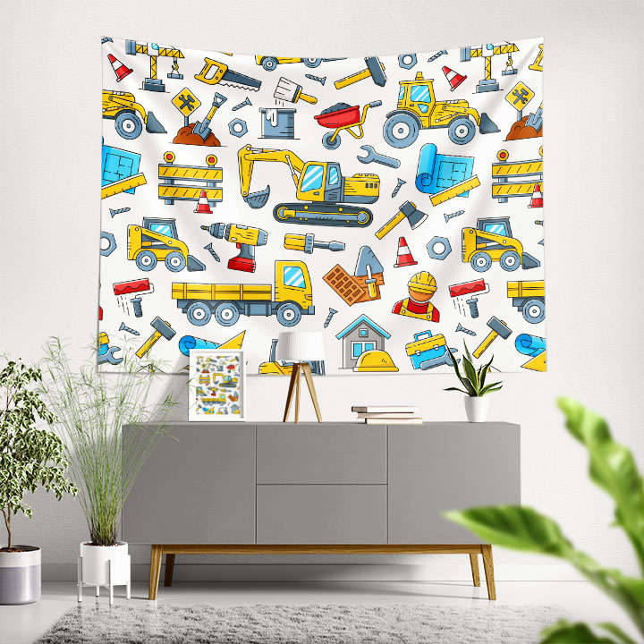 İnşaat Araçları ve Ekipmanları Desenli Duvar Örtüsü Kumaş Baskı 5613