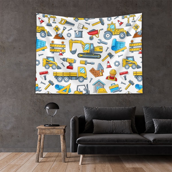 İnşaat Araçları ve Ekipmanları Desenli Duvar Örtüsü Kumaş Baskı 5613