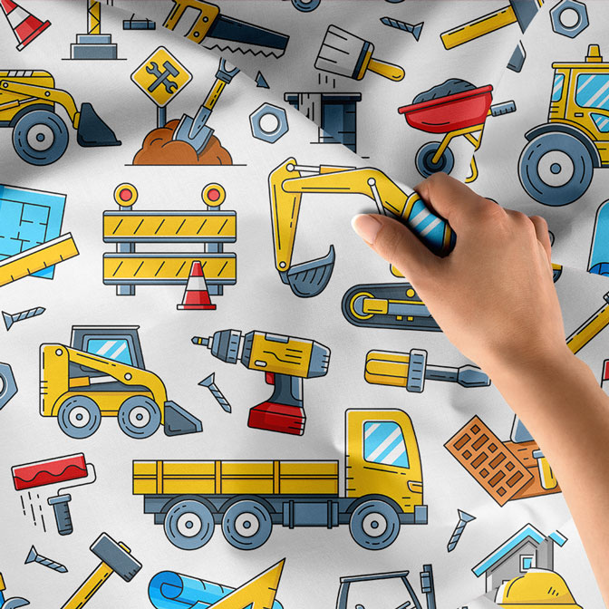 İnşaat Araçları ve Ekipmanları Desenli Duvar Örtüsü Kumaş Baskı 5613