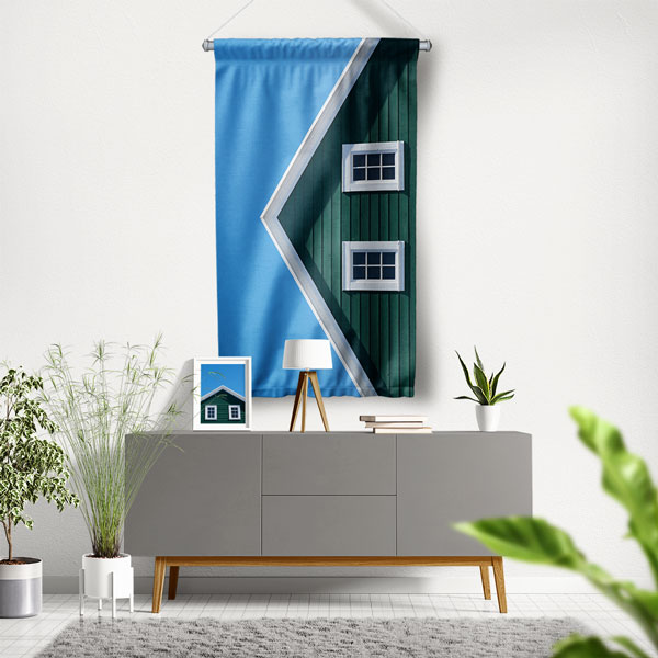 Mavi Gökyüzü ve Yeşil Cephe Desenli Duvar Flaması Kumaş Baskı 5619