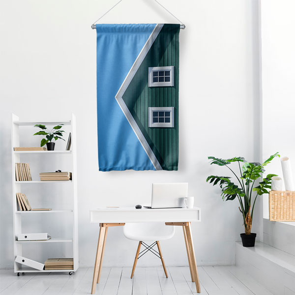 Mavi Gökyüzü ve Yeşil Cephe Desenli Duvar Flaması Kumaş Baskı 5619