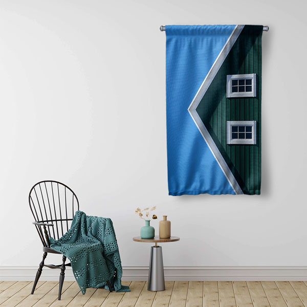 Mavi Gökyüzü ve Yeşil Cephe Desenli Duvar Flaması Kumaş Baskı 5619