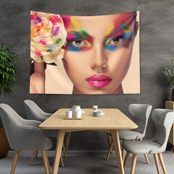 duvar-dekor-kuafor-5739-03 Renkli Makyajlı Kadın ve Çiçek Detaylı Duvar Örtüsü 5739