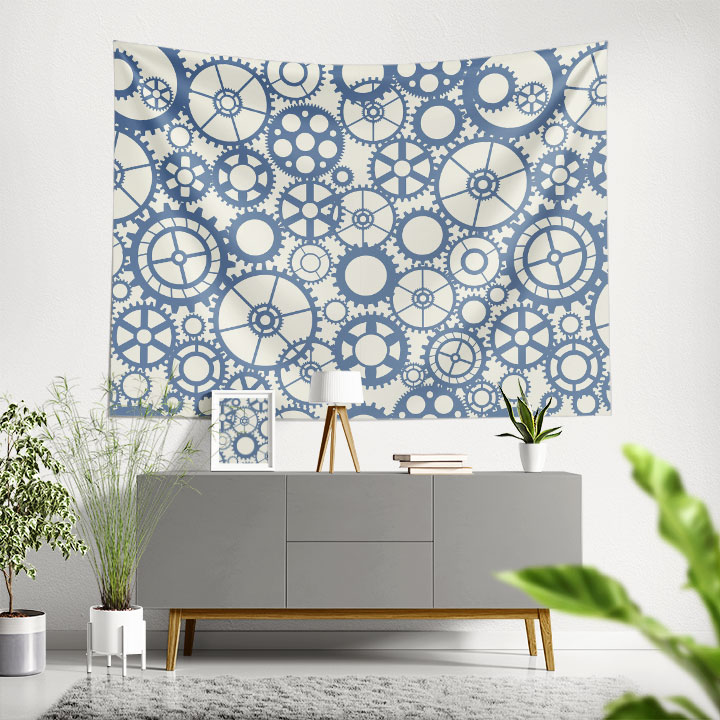 Mavi Beyaz Dişli Çark Desenli Modern Duvar Örtüsü 5502