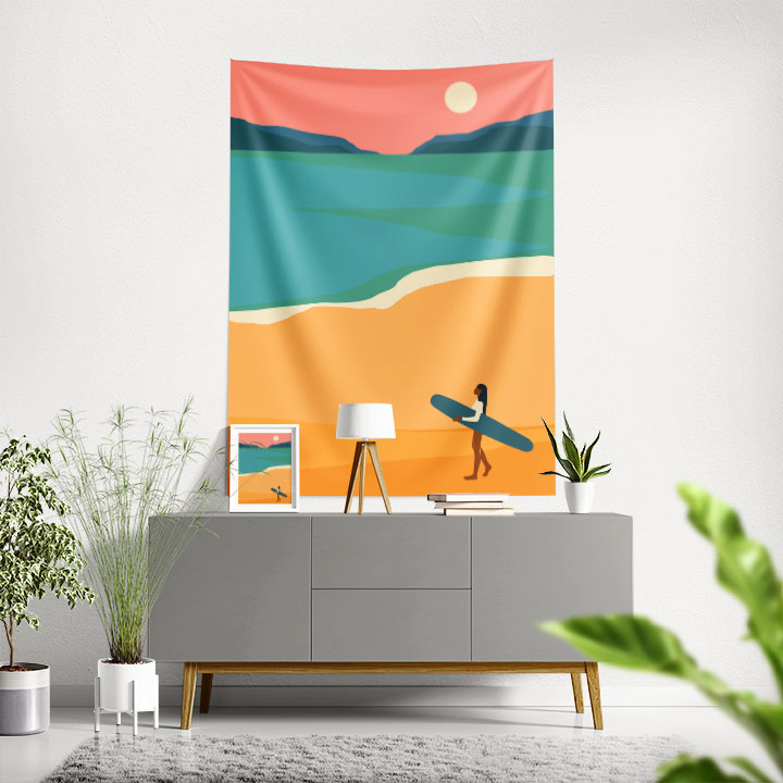 Minimal Plaj ve Sörfçü Manzaralı Duvar Örtüsü 6285