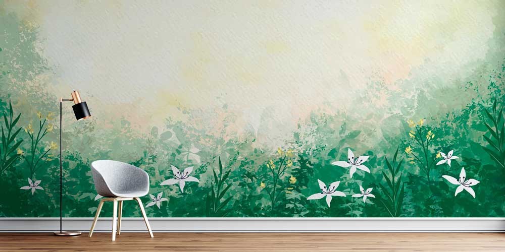 Sulu Boya Etkili Yeşil Botanik Manzara Duvar Kağıdı 4258