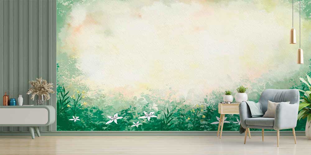 Sulu Boya Etkili Yeşil Botanik Manzara Duvar Kağıdı 4258