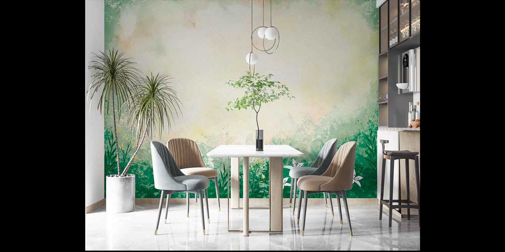 Sulu Boya Etkili Yeşil Botanik Manzara Duvar Kağıdı 4258