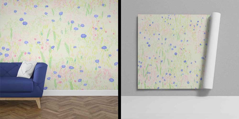 Pastel Çayır Çiçekleri Desenli Sulu Boya Botanik Duvar Kağıdı 4264