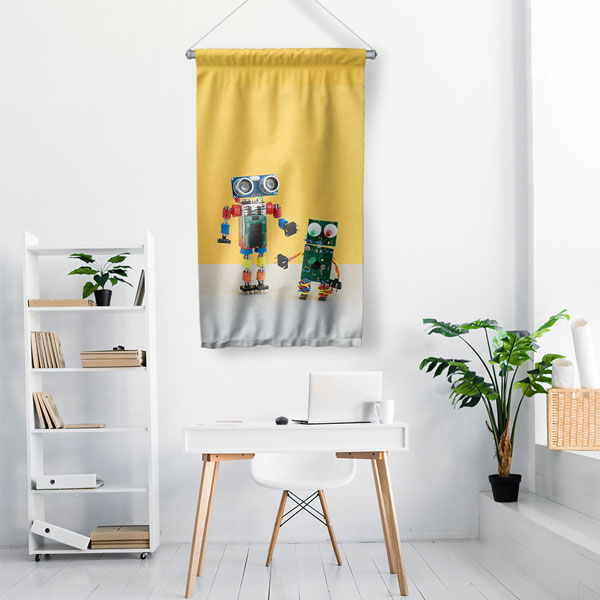 duvar-dekor-sanat-5508-01 Retro Robot Tasarımlı Sarı Zemin Duvar Flaması 5508