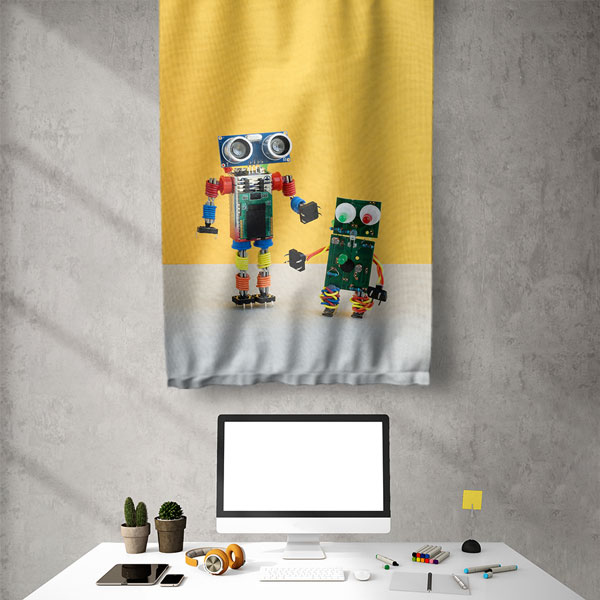 duvar-dekor-sanat-5508-02 Retro Robot Tasarımlı Sarı Zemin Duvar Flaması 5508