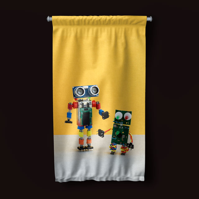 duvar-dekor-sanat-5508-04 Retro Robot Tasarımlı Sarı Zemin Duvar Flaması 5508