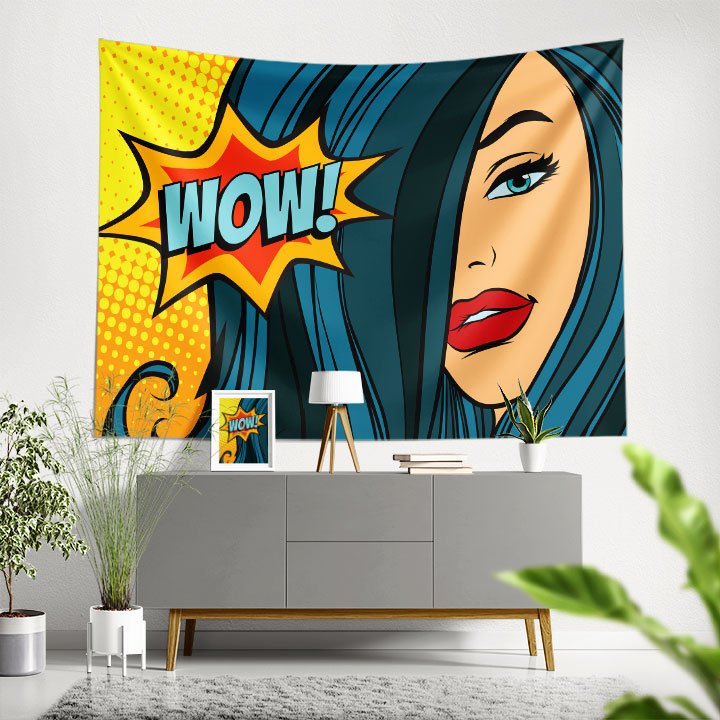 Pop Art WOW Mavi Saçlı Kadın İllüstrasyonlu Duvar Örtüsü 5733