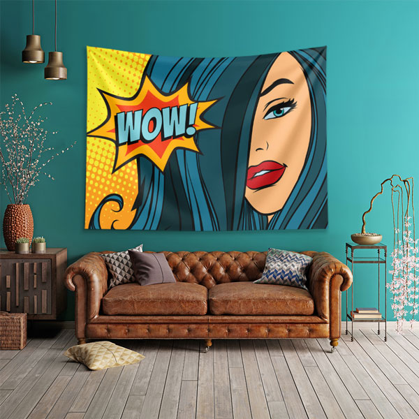 duvar-dekor-sanat-5733-01 Pop Art WOW Mavi Saçlı Kadın İllüstrasyonlu Duvar Örtüsü 5733
