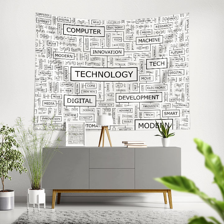 Teknoloji ve Dijital Kelime Bulutu Tasarımlı Duvar Örtüsü 5501