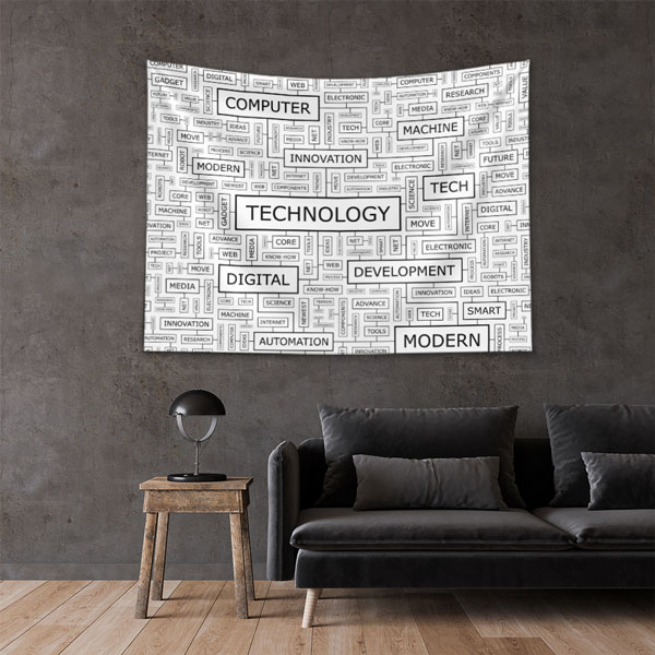 Teknoloji ve Dijital Kelime Bulutu Tasarımlı Duvar Örtüsü 5501