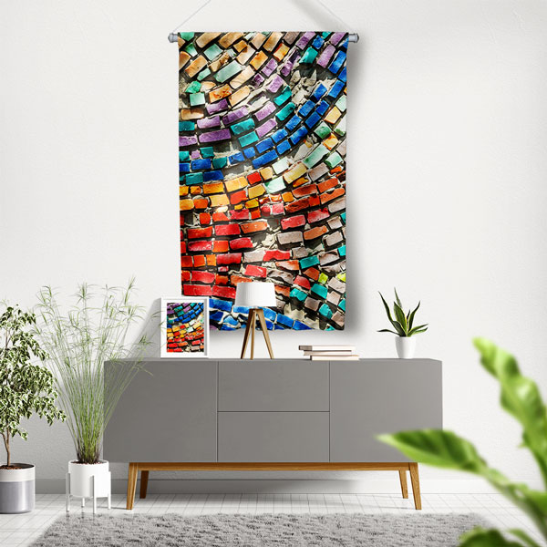 Renkli Mozaik Desenli Duvar Flaması Kumaş Baskı 5617
