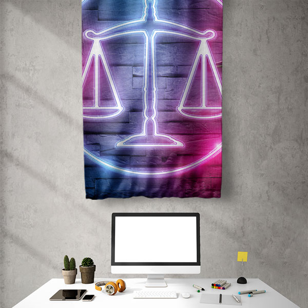 Neon Adalet Terazisi Tasarımlı Hukuk Ofisi Duvar Flaması 5314