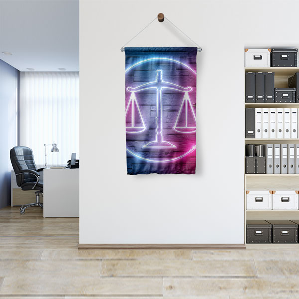 Neon Adalet Terazisi Tasarımlı Hukuk Ofisi Duvar Flaması 5314
