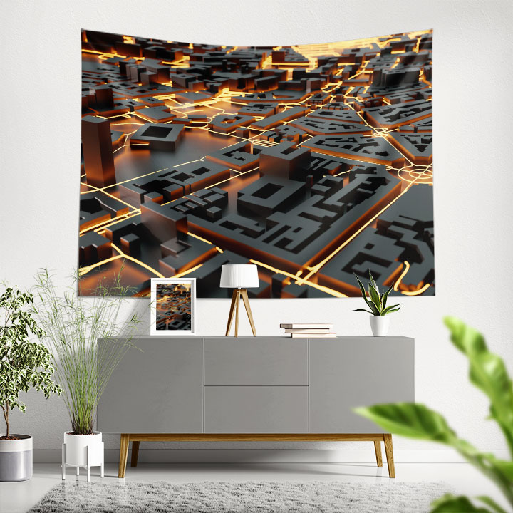 3D Şehir Haritası ve Işık Yolu Desenli Duvar Örtüsü Kumaş Baskı 5605