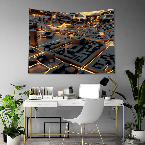 duvar-dekorasyon-ofis-5605-02 3D Şehir Haritası ve Işık Yolu Desenli Duvar Örtüsü Kumaş Baskı 5605