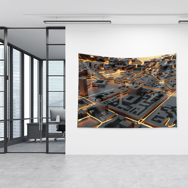 duvar-dekorasyon-ofis-5605-04 3D Şehir Haritası ve Işık Yolu Desenli Duvar Örtüsü Kumaş Baskı 5605