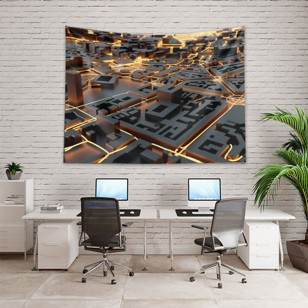 duvar-dekorasyon-ofis-5605-05 3D Şehir Haritası ve Işık Yolu Desenli Duvar Örtüsü Kumaş Baskı 5605