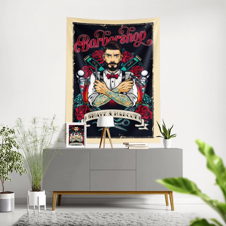 Barbershop Shave & Haircut İllüstrasyonlu Berber Duvar Örtüsü 5748