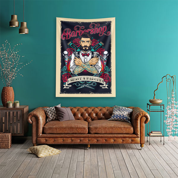 Barbershop Shave & Haircut İllüstrasyonlu Berber Duvar Örtüsü 5748