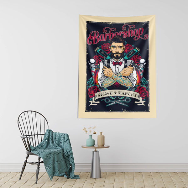 Barbershop Shave & Haircut İllüstrasyonlu Berber Duvar Örtüsü 5748
