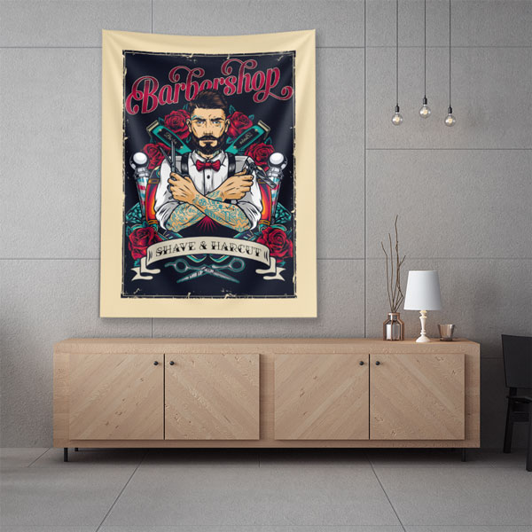 Barbershop Shave & Haircut İllüstrasyonlu Berber Duvar Örtüsü 5748
