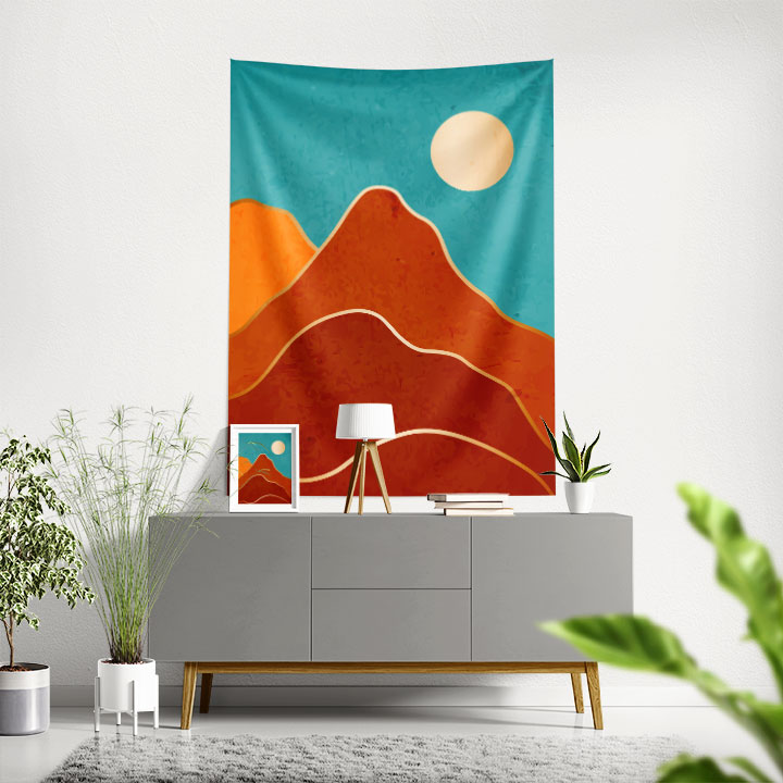 Minimal Turkuaz Gökyüzü ve Kızıl Dağ Manzaralı Duvar Örtüsü 6284