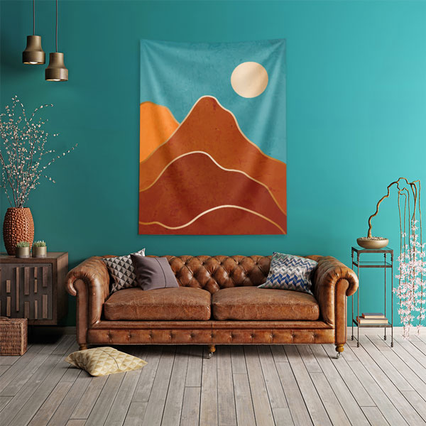 Minimal Turkuaz Gökyüzü ve Kızıl Dağ Manzaralı Duvar Örtüsü 6284