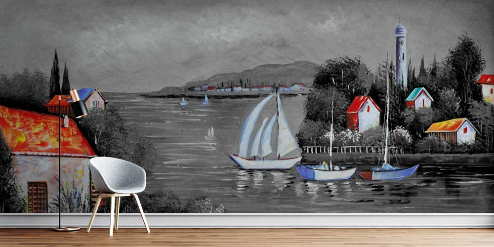 Siyah Beyaz Liman ve Renkli Evler Duvar Kağıdı 4412