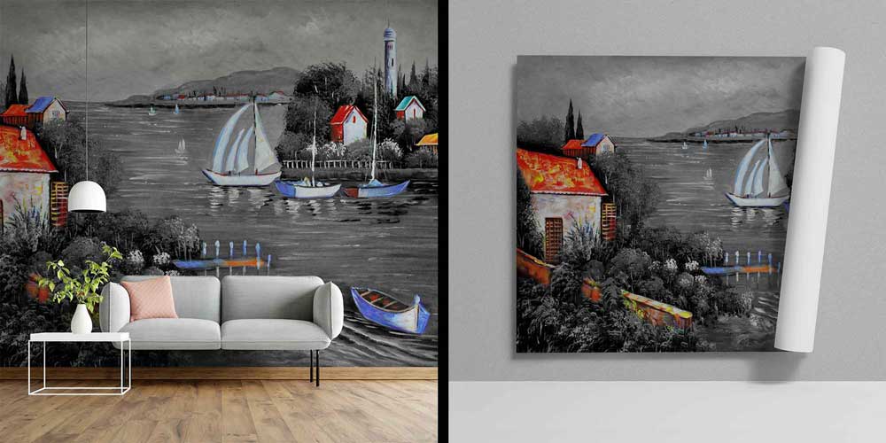 Siyah Beyaz Liman ve Renkli Evler Duvar Kağıdı 4412