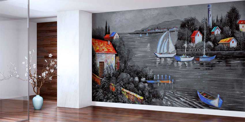 Siyah Beyaz Liman ve Renkli Evler Duvar Kağıdı 4412